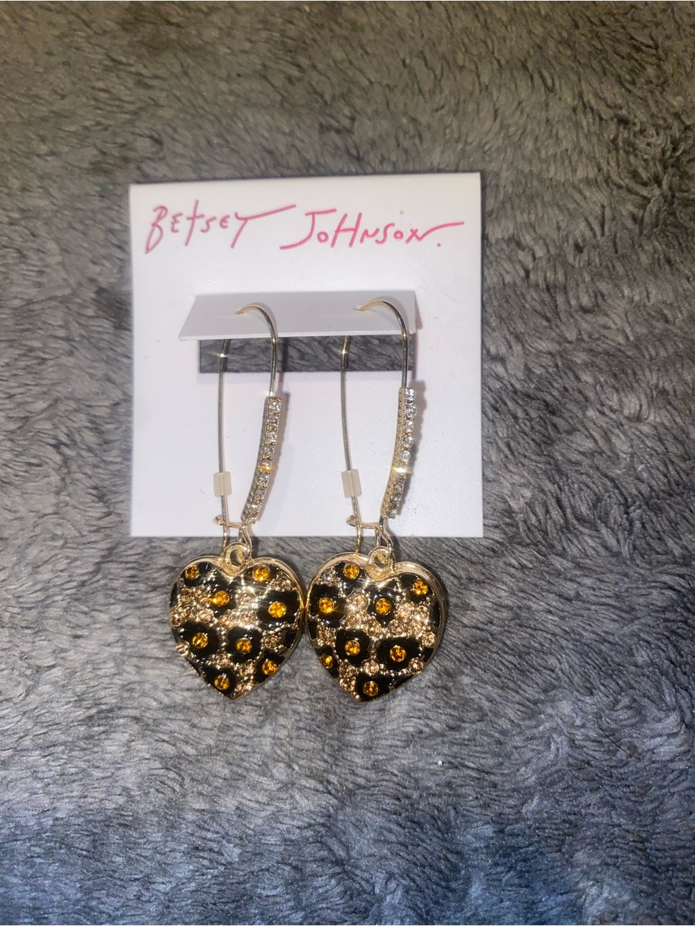 Betsey Johnson Gold Heart Drop Earrings with Black and Amber Accents